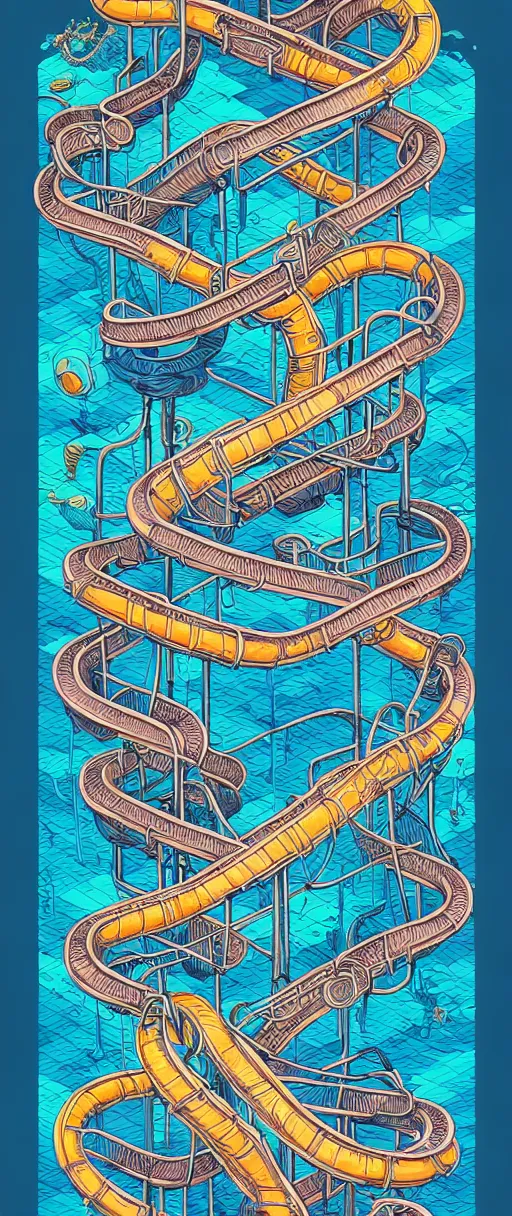 Image similar to twisted water slides, centered award winning ink pen illustration, isometric abstract illustration by dan mumford, edited by craola, technical drawing by beeple and tooth wu, tiny details by artgerm and watercolor girl, symmetrically isometrically centered