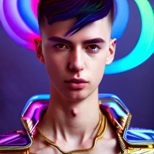 Image similar to hyperdetailed portrait of a stunningly beautiful cyberpunk cutie european boy with short dark hair guard made of iridescent metals and shiny pink gems, bright rainbow nimbus, gold necklace, gold background inspired by ross tran and masamune shirow and kuvshinov, intricate, photorealistic, octane render, rtx, hdr, unreal engine, dnd digital art by artgerm