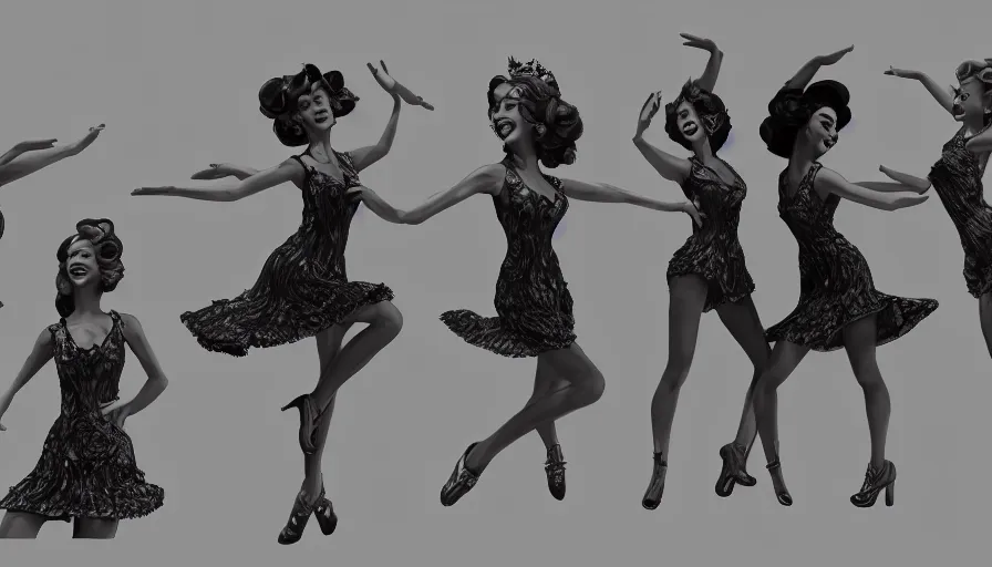 Image similar to girls dancing for lovely music, masterpiece, pinup, highly detailed, claymotion by tim burton,, artstation, concept art, smooth, sharp focus, illustration, Unreal Engine 5, 8K