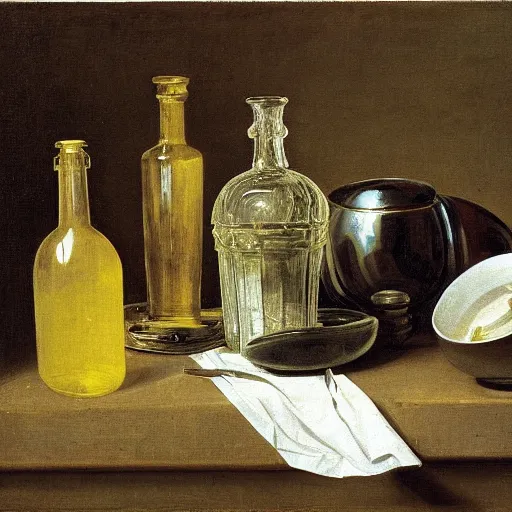 Prompt: a still life of glass bottles by pieter claesz