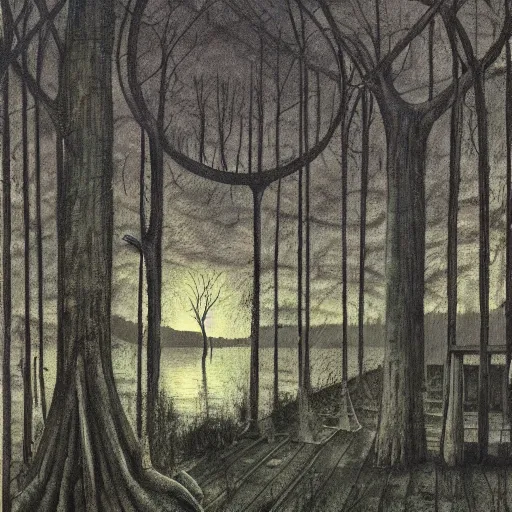 Image similar to cabin in dark forest on the lake, painting by Giger