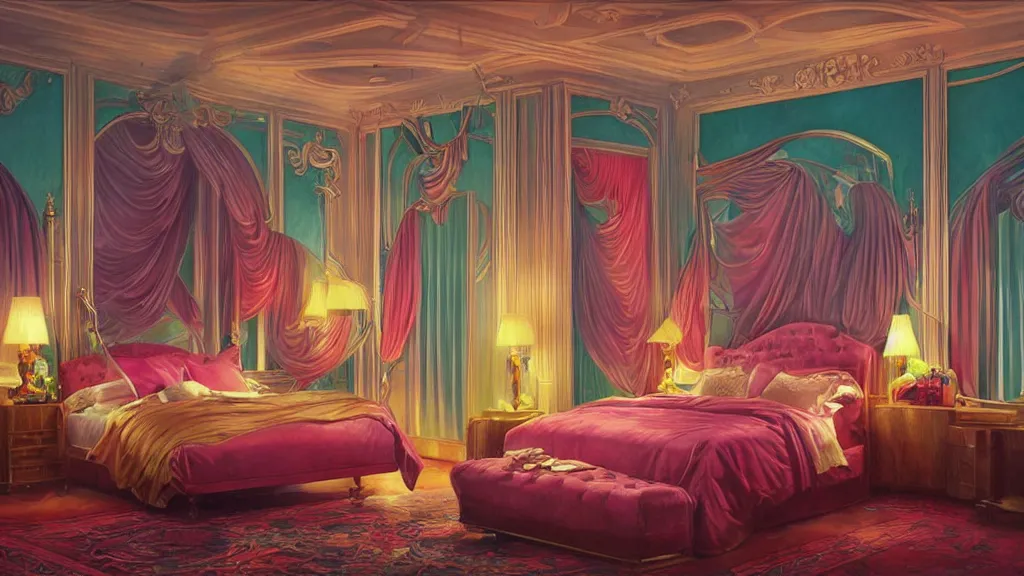 Prompt: art deco bedroom, ultra detail, photoreal, bright colors, professionally retouched, wide angle, 8 k high definition, insanely detailed, intricate, elegant, art by artgerm and wlop