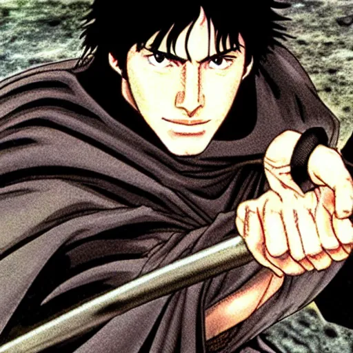 Prompt: still of Keanu Reeves in Berserk manga by Kentaro Miura