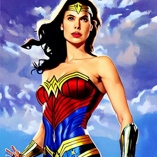 Image similar to A wide angle shot of Gal Gadot as Wonder Woman with athletic body, painting by Alex Ross