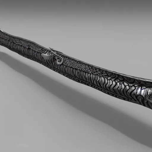 Prompt: a 3d model of a long sword in the center, with dragon like handle