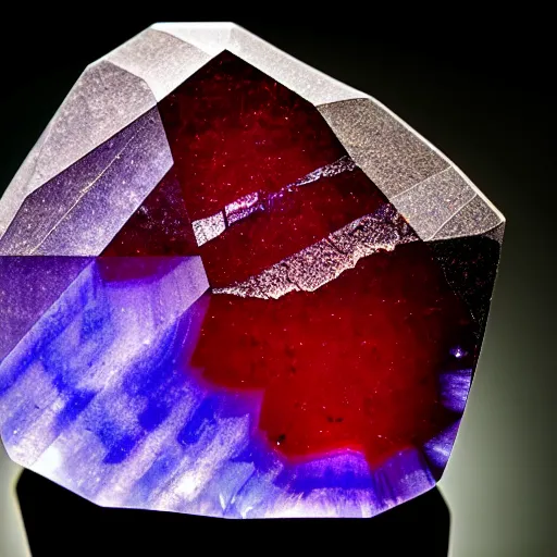 Prompt: a mineral rock, in a dark studio room. magical-like style, almost glowing and smoking. Photography of rare minerals. Tanzanite, Red Beryl, Bixbite, Red Emerald, Scarlet Emerald.