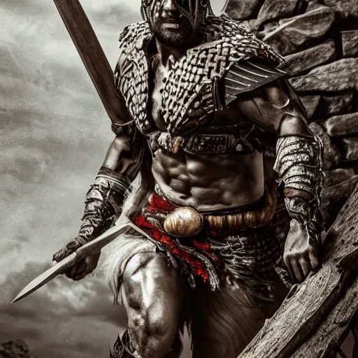 Image similar to muscular warrior with tree - bark skin wearing intricate stone and wood armor, holding halberd with laser blade, battlefield, highly detailed, dramatic lighting, cinematic, sci - fi, hyperrealistic, detailed