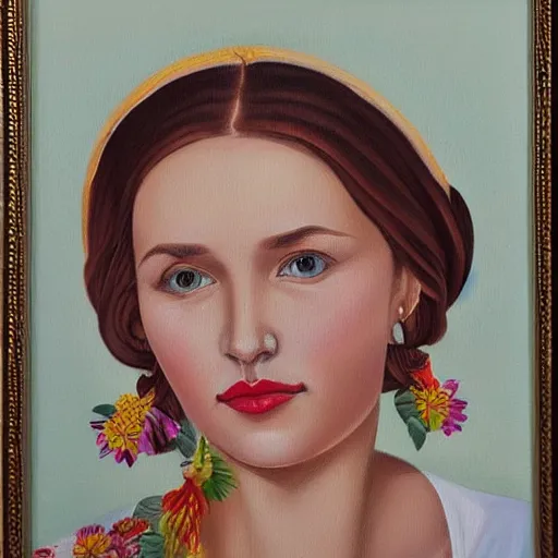 Image similar to hyperrealism oil painting of beautiful ukrainian woman in vyshyvanka