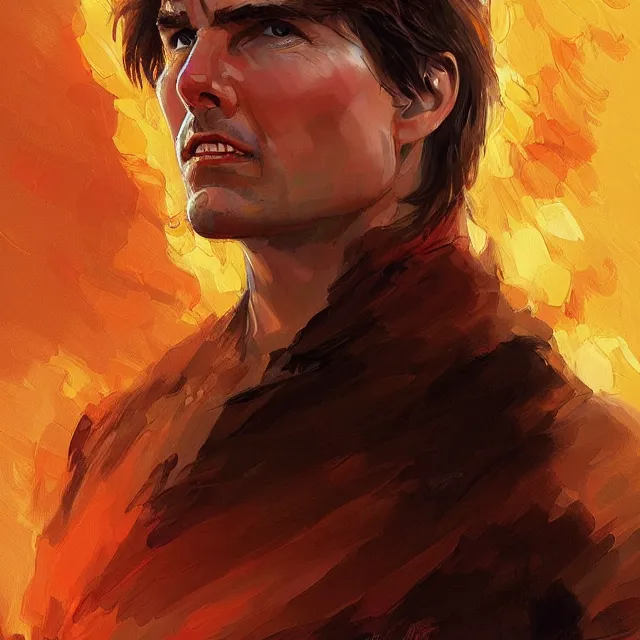 Image similar to Tom Cruise as a firebender, portrait, elegant, intricate, digital painting, artstation, concept art, smooth, sharp focus, illustration, art by konstantin korovin and Daniel F. Gerhartz and john howe