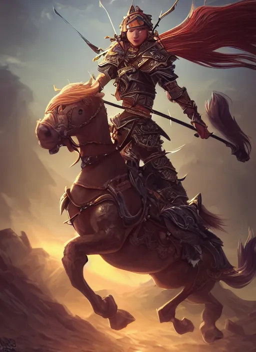 Image similar to a highly detailed illustration of fierce mongol warrior princess riding horse, heroic wielding bow pose, intricate, elegant, highly detailed, centered, digital painting, artstation, concept art, smooth, sharp focus, league of legends concept art, wlop.