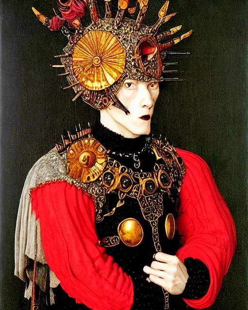 Prompt: portrait of a skinny punk goth warrior wearing armor by jan van eyck, fantasy, thief warrior, floral flowers colorful