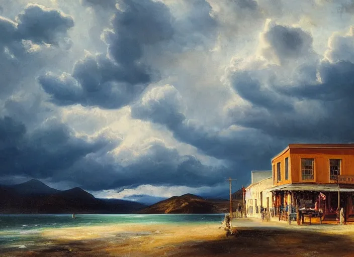 Image similar to oil painting of american old west town, harbour, dramatic storm clouds, dusty street, sunrays, dramatic, very very very beautiful art, cinematic lighting, romanticism by goya, bright art, pastel color, blue sky, sunny summer day, tall rocky mountains