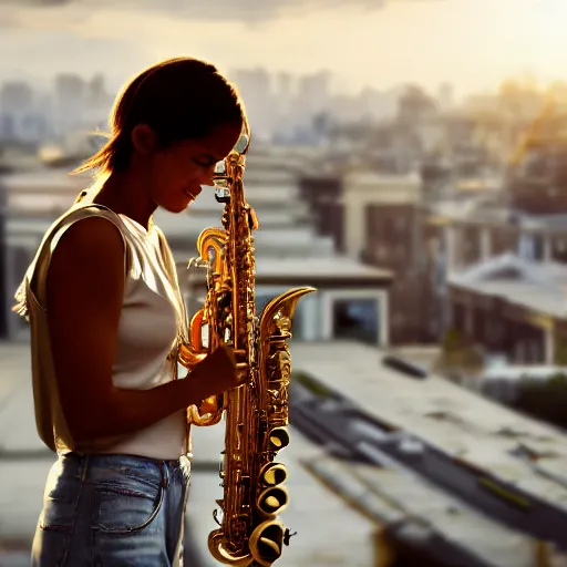 Image similar to a woman playing the saxophone on the roof of a building while it's raining, photo, golden hour