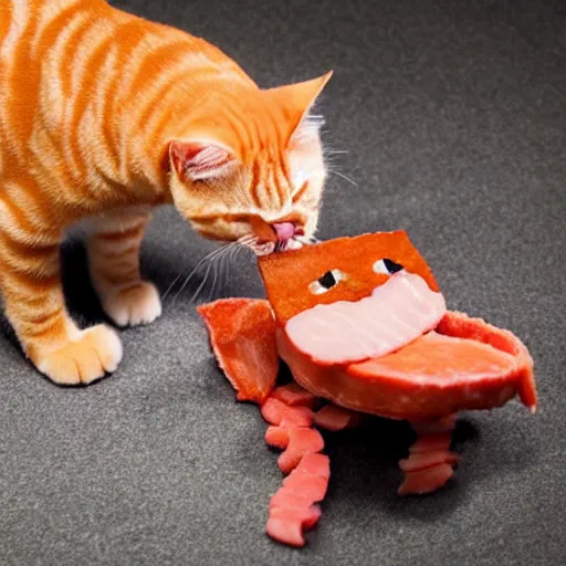 Prompt: orange tabby cat fighting an anthropomorphic humanoid bacon strip, anthropomorphic humanoid bacon strip fighting tabby, realistic