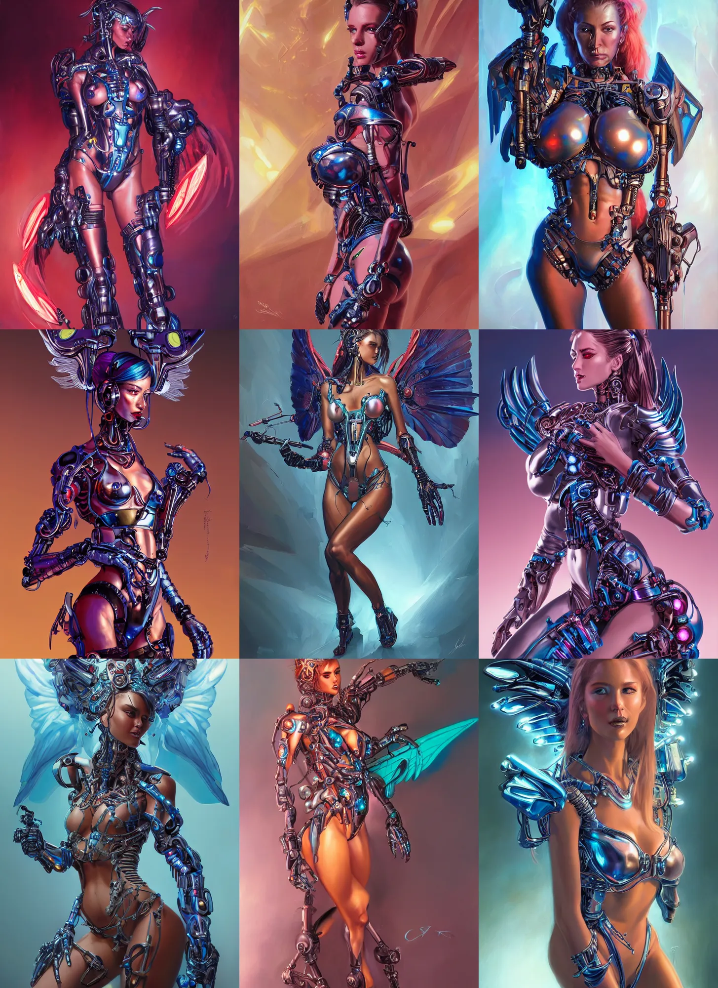 Prompt: formal portrait of beautiful cybernetic goddess, painted by jesper ejsing. fantasy, sci - fi, neon and chrome bikini, metal wings, terminator, intricate detail, romanticism, vivid color scheme, studio lighting, artstation