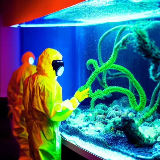 Prompt: a photo of a man wearing a hazmat suit, studying a tentacle monster in a glass aquarium, cinematic, 8 k