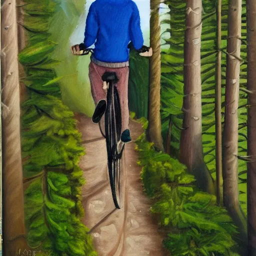 Image similar to man biking up a steep forest hill with a deep blue sweater. sweaty. Oil painting. Emotional. Steep. Trees.