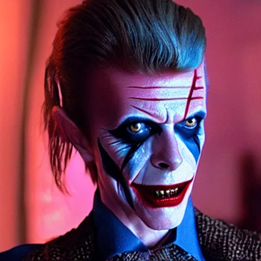 Image similar to awe inspiring David Bowie pkaying The Joker 8k hdr movie still dynamic lighting