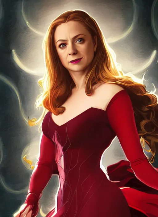 Image similar to melissa joan hart as scarlett witch, 8 k, art by artgerm and greg rutkowski and alphonse mucha, movie screenshot