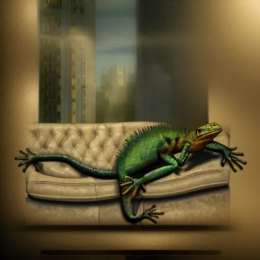 Image similar to anthro lizard with a prostetic arm sitting on a couch, fantasy art, matte painting, coherent like Dall-E 2