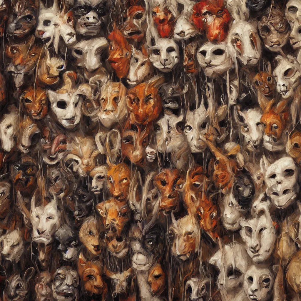 Image similar to a painting of a collection of animal masks hanging on a wall, by julie bell, detailed, concept art, trending on artstation, low light, dramatic