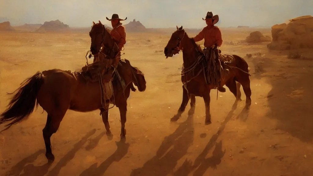 Prompt: oil painting of cowboy dream at mexican desert setting, art by anders zorn, wonderful masterpiece by greg rutkowski, beautiful cinematic light, american romanticism by greg manchess, reflections in copper, sunlight, dust and steam