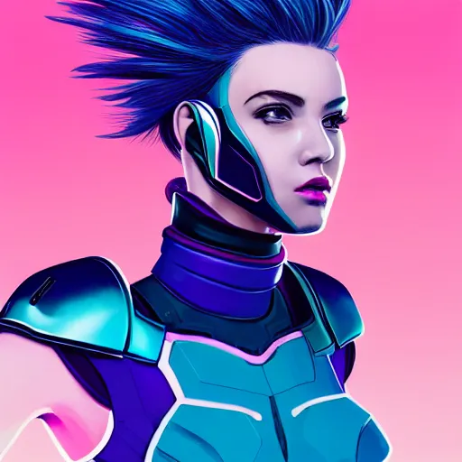 Prompt: a stunning upper body portrait of a beautiful young woman wearing futuristic navy blue and teal battle bodyarmor and pauldrons and ombre purple and pink hairstyle with hair blowing in the wind, by marvel comics, outrun, vaporware, highly detailed, fine detail, intricate, digital art, trending on artstation