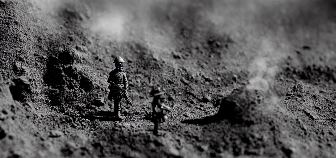 Prompt: smoke, tilt shift wwi alien pondering over a dug out trench, dramatic light, zdzidaw, ultrafine, hyperrealistic, 3 2 k, 3 5 mm film still, movie