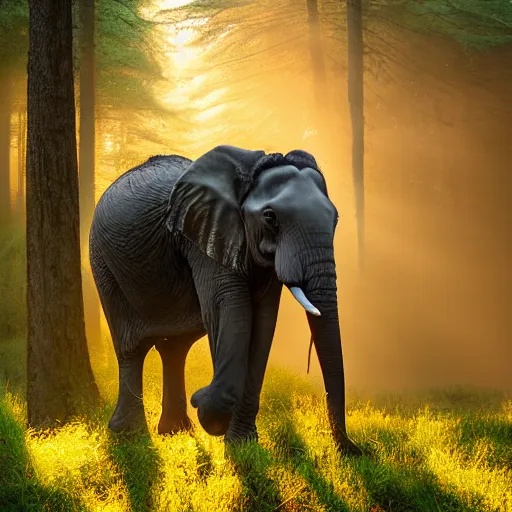 Image similar to A portrait of an elephant in a forest, natural lighting, sunbeams, golden hour, misty atmospherics