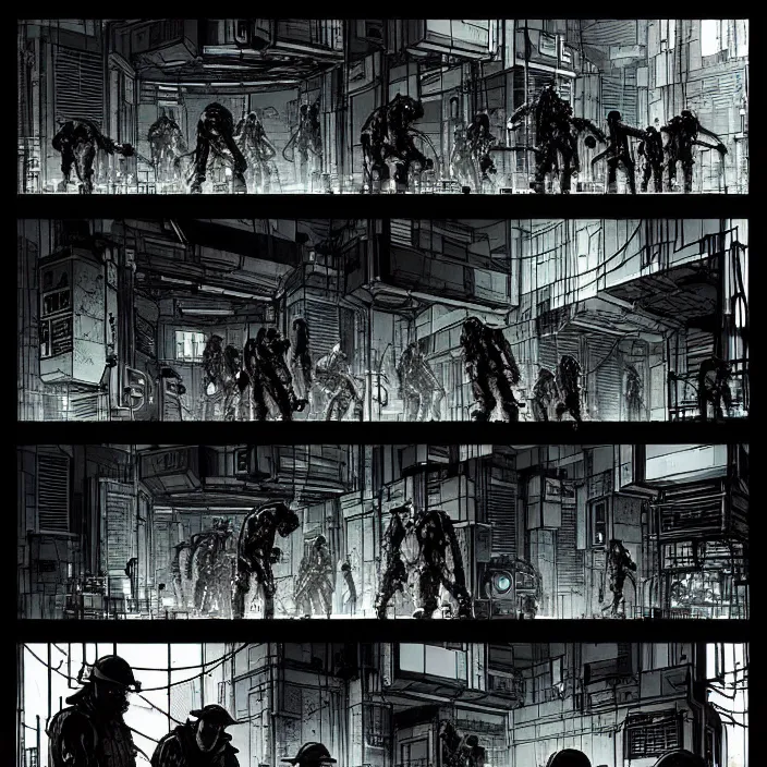 Image similar to miners wait to enter a big cube with one door. storyboard, scifi cyberpunk. by gabriel hardman, joe alves, chris bonura. cinematic atmosphere, detailed and intricate, perfect anatomy