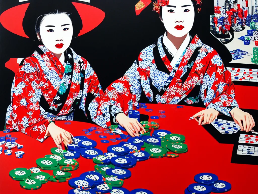 Image similar to hyperrealism composition of the detailed single woman in a japanese kimono sitting at an extremely detailed poker table with stormtrooper, fireworks, river on the background, pop - art style, jacky tsai style, andy warhol style, acrylic on canvas