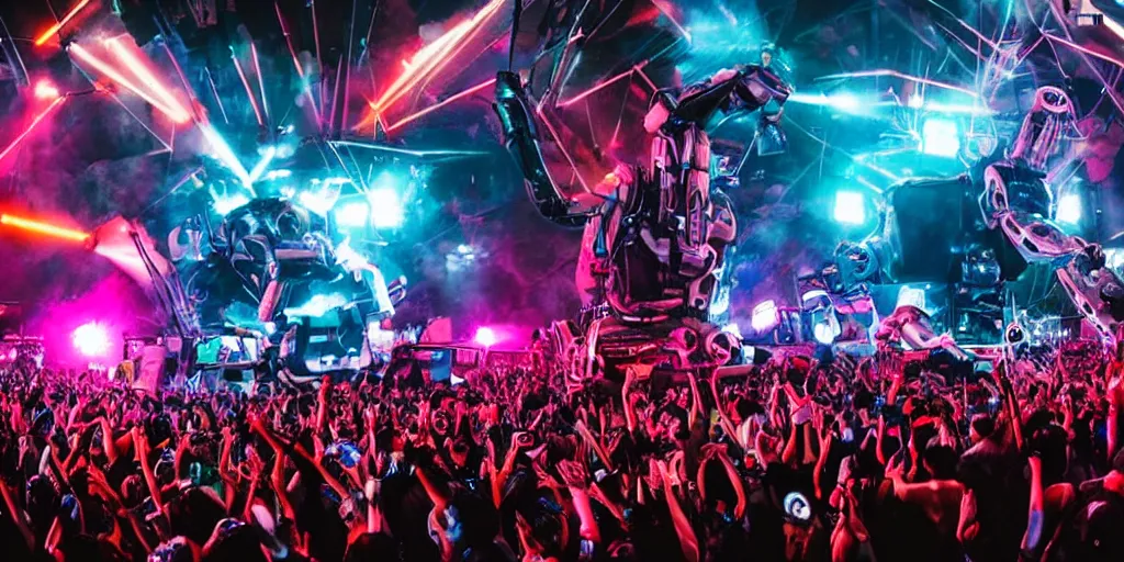 Image similar to the year of 2 0 4 9, the coolest + future + end of the world + edm show, 1 0 0 0 0 peoples watch the dj lives, huge digital robot on the middle of the stage, dance music show, maximum detailed, 2 4 mm fob lens, wide angle,