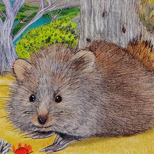 Image similar to detailed illustration, a happy quokka on rotttnest island in the style of may gibbs,