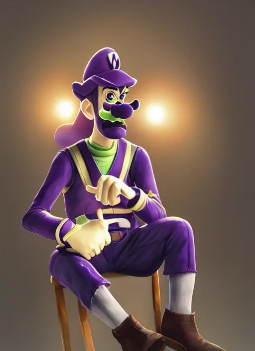 Prompt: waluigi sitting down, elaborate polished self-portrait, styled by Artgerm, sublime-classy-dignified ambience, 16k, sharp focus, volumetric lighting