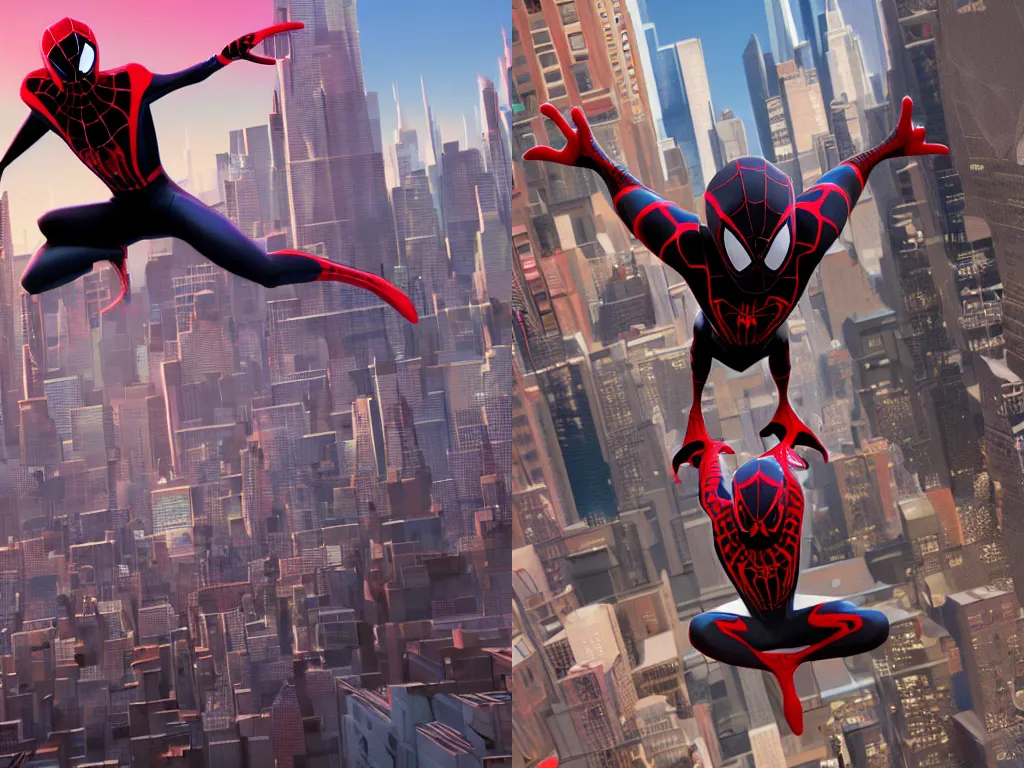 Prompt: exciting matte painting of a 3 d full body character illustration of miles morales spiderman from into the spiderverse flying above brooklyn new york, black and red color scheme costume, miles morales!!!, into the spiderverse, 8 k, sharp focus, substance painter, digital painting, concept art, in the style of sony pictures animation, octane render