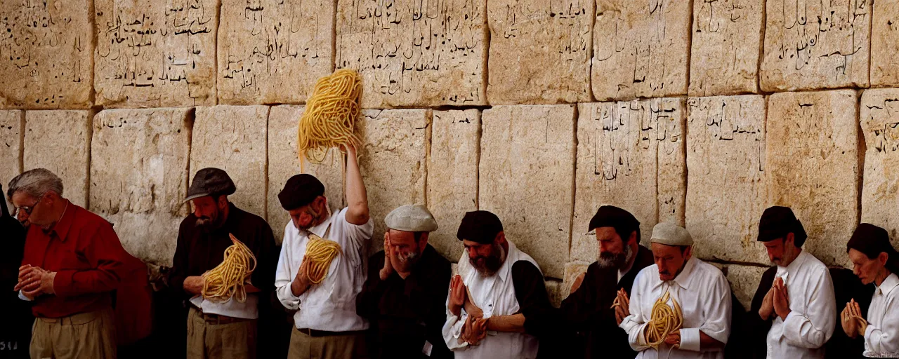 Image similar to jewish people praying with spaghetti at the wailing wall in israel, fine detail, canon 5 0 mm, in the style of diane arbus, in the style wes anderson, kodachrome, retro