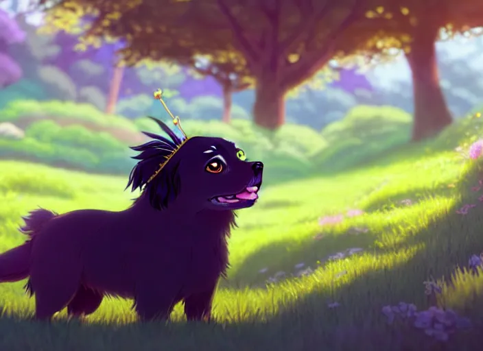 Prompt: a wholesome animation key shot of a black tibetan spaniel, wearing a crown, green field, studio ghibli, pixar and disney animation, sharp, rendered in unreal engine 5, anime key art by greg rutkowski, bloom, dramatic lighting