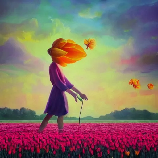 Image similar to large tulip as a face, girl walking in a flower field, surreal photography, sunrise dramatic light, impressionist painting, colorful clouds, digital painting, artstation, simon stalenhag