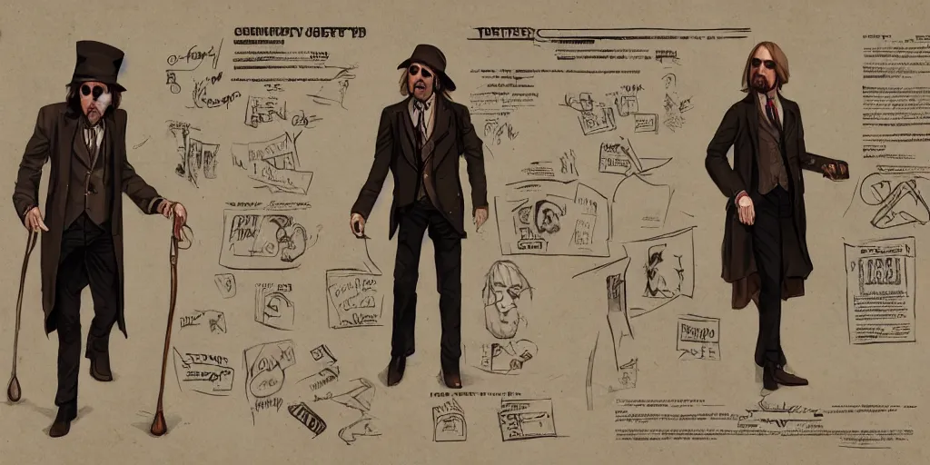 Prompt: tom petty as a 2 0 s roving gambler, character sheet, concept art, contrast, kim jung gi, greg rutkowski, zabrocki, karlkka, jayison devadas, trending on artstation, 8 k, ultra wide angle, pincushion lens effect