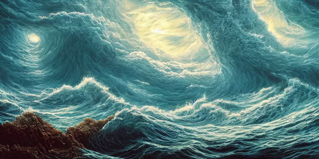 Prompt: A Beautiful Depiction of An Ocean Maelstrom, Digital Matte Illustration by Dan Mumford and M.W Kaluta, 8k resolution, detailed matte painting, 4k, beautiful lighting, HDR, IMAX, Cinema 4D, shadow depth, Wrathful Ocean Maelstrom