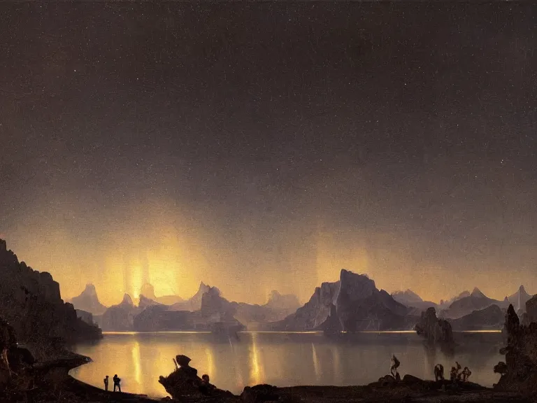 Prompt: an oil painting of a lake of black reflective oil on an alien planet with a distant outpost at dusk with aurora lighting up the sky by carl spitzweg and tuomas korpi. baroque elements, full-length view. baroque element. intricate artwork by caravaggio. Trending on artstation. 8k