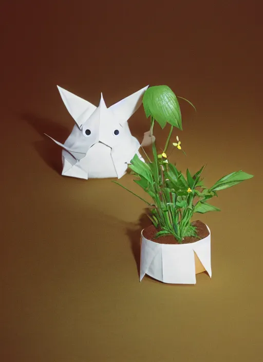 Image similar to totoro film still of a full still life seinen manga commercial photo of real - life origami plant, cinestill, 8 k