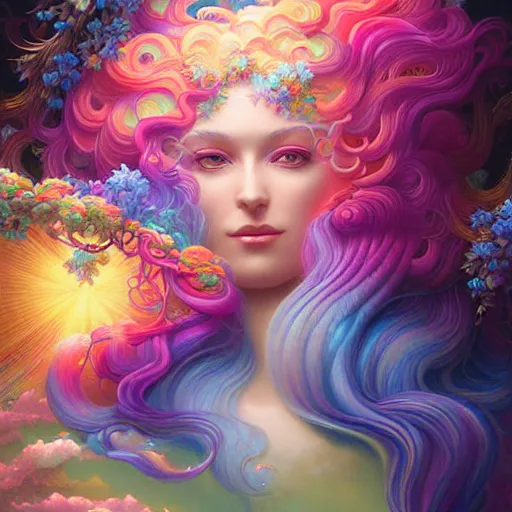 Image similar to woman with flowing iridescent hair, detailed matte fantasy painting, rendered in octane by Lisa Frank by Peter Mohrbacher by Artgerm by Ferdinand Knab by Alena Aenami by Dave LaChapelle