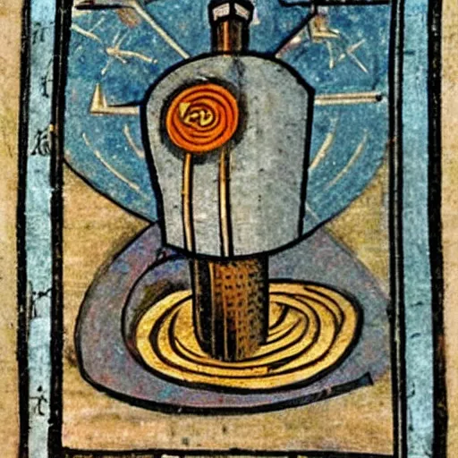 Image similar to bad drawedmix between a turborreactor and a rocket in a medieval manuscript, medieval manuscript, golden miniatures