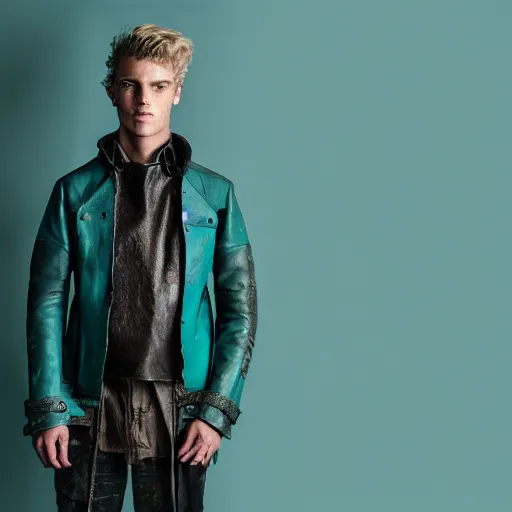 Prompt: an award - winning closeup editorial photo of a male model wearing a teal distressed baggy medieval leather menswear jacket by alexander mcqueen, 4 k, studio lighting, wide angle lens