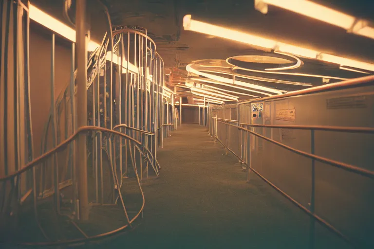 Image similar to the roller coaster backrooms, cinematic shot, cinestill 800 t