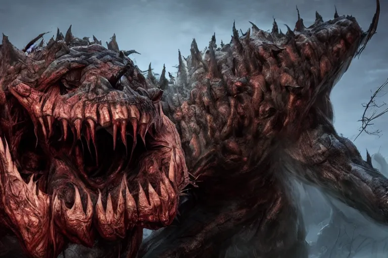 Prompt: a giant disgusting behemoth made of muscles and flesh, very angry, teeth, ambient light, terror, glows, realistic, photo-realism, hyper realism, picture, detailed, 3D render, scary, distant shot, in the distance,