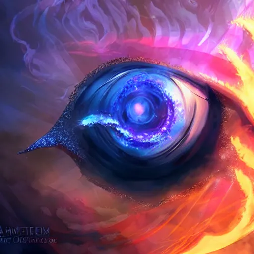Prompt: giant eye magic spell, magic spell surrounded by magic smoke, floating cards, hearthstone coloring style, epic fantasy style art, fantasy epic digital art