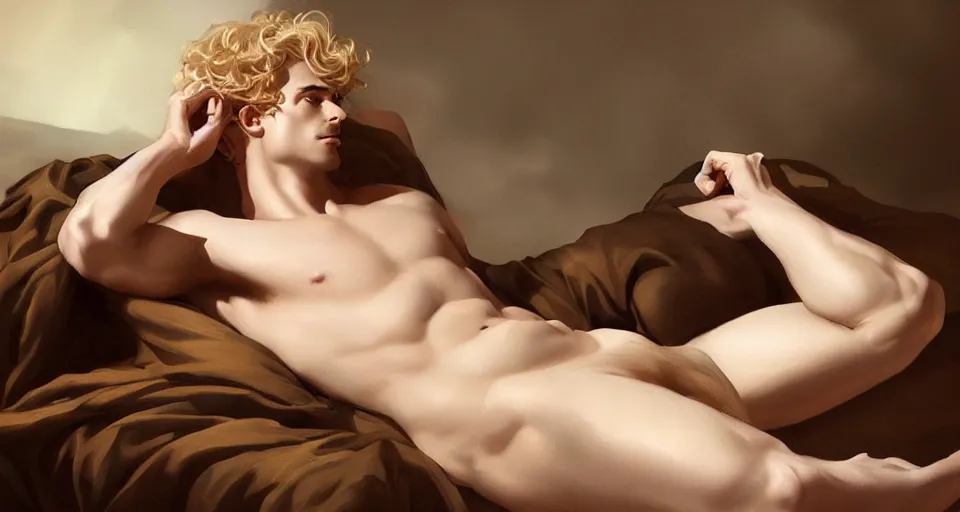 Prompt: a male Venus reclining in the sun, pale porcelain skin and fluffy blonde long curly hair, beautiful man, featured on artstation, by Leyendecker and Ross Tran