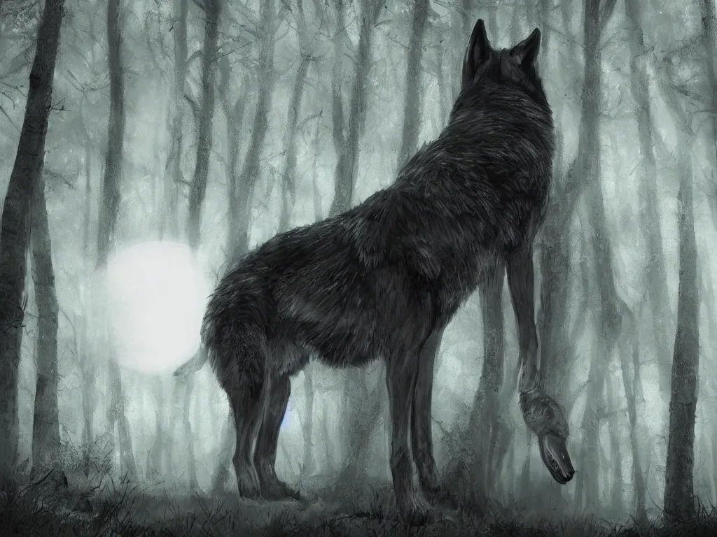 Prompt: portrait of a large wolf walking on a dark path through the forest at night under a full moon, 8 k, photorealistic, digital painting,